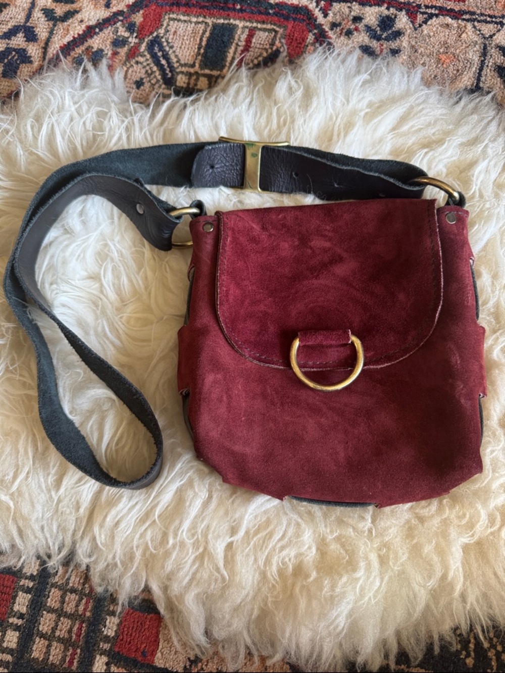 Suede Crossbody Bag in Burgundy with Gold Ring Accent